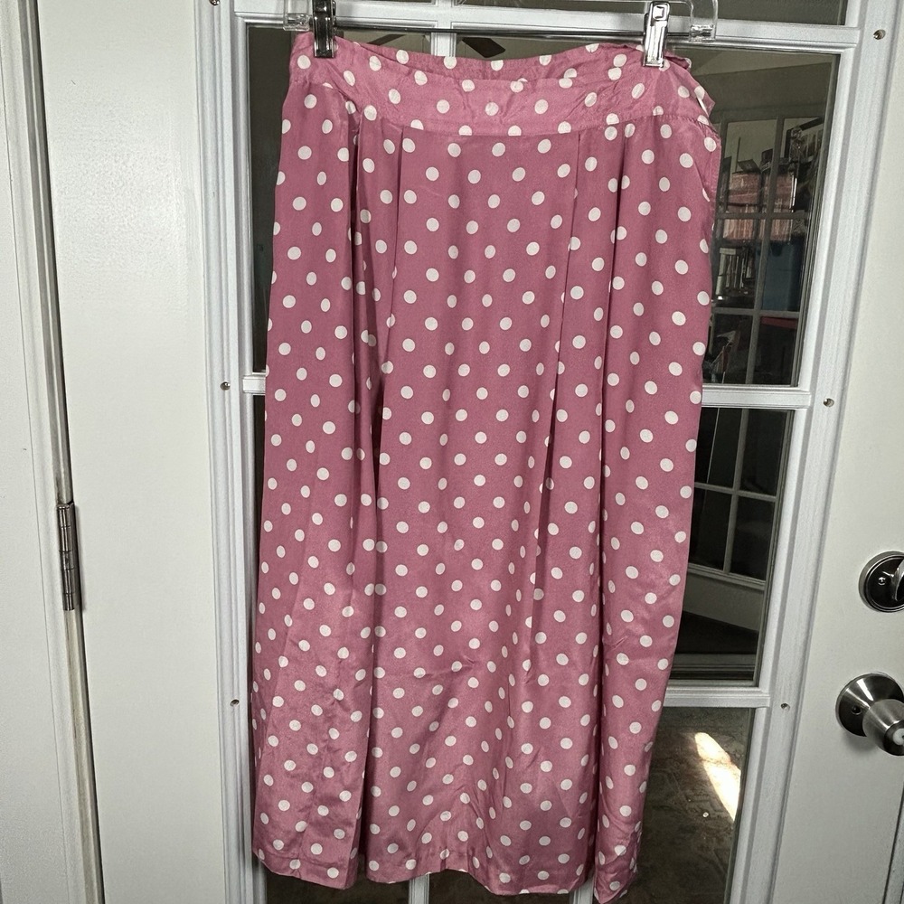 Vintage Career Guild Pink Polka Dot Pleated Midi Skirt A-Line Size 14 80s - Picture 7 of 9
